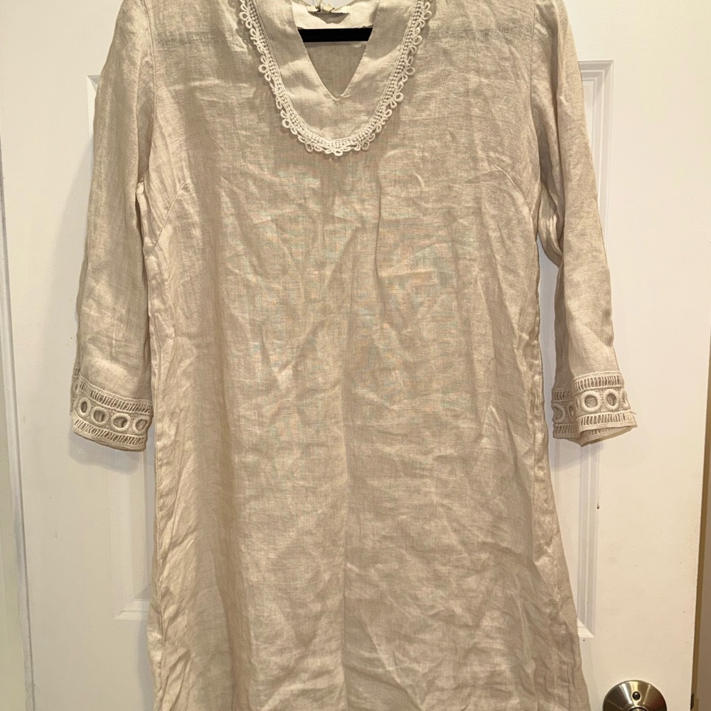 Cream Linen Dress with Lace Trim